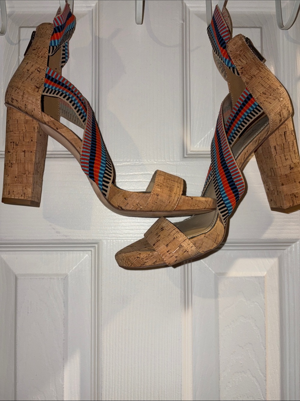 Jessica Simpson Cork Block Heel Sandals with Blue and Red Straps